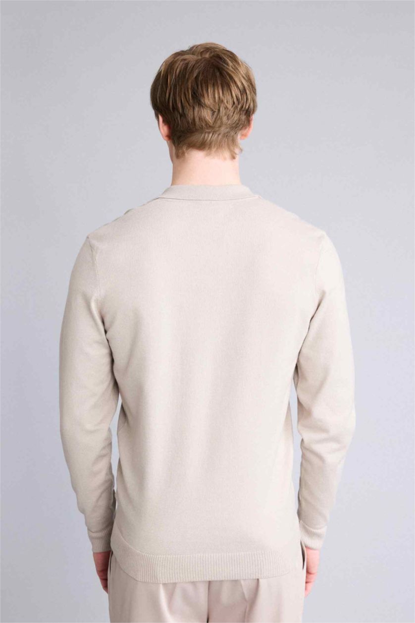 Man Beige Melange Standard Fit Polo Collar Knitwear Pullover