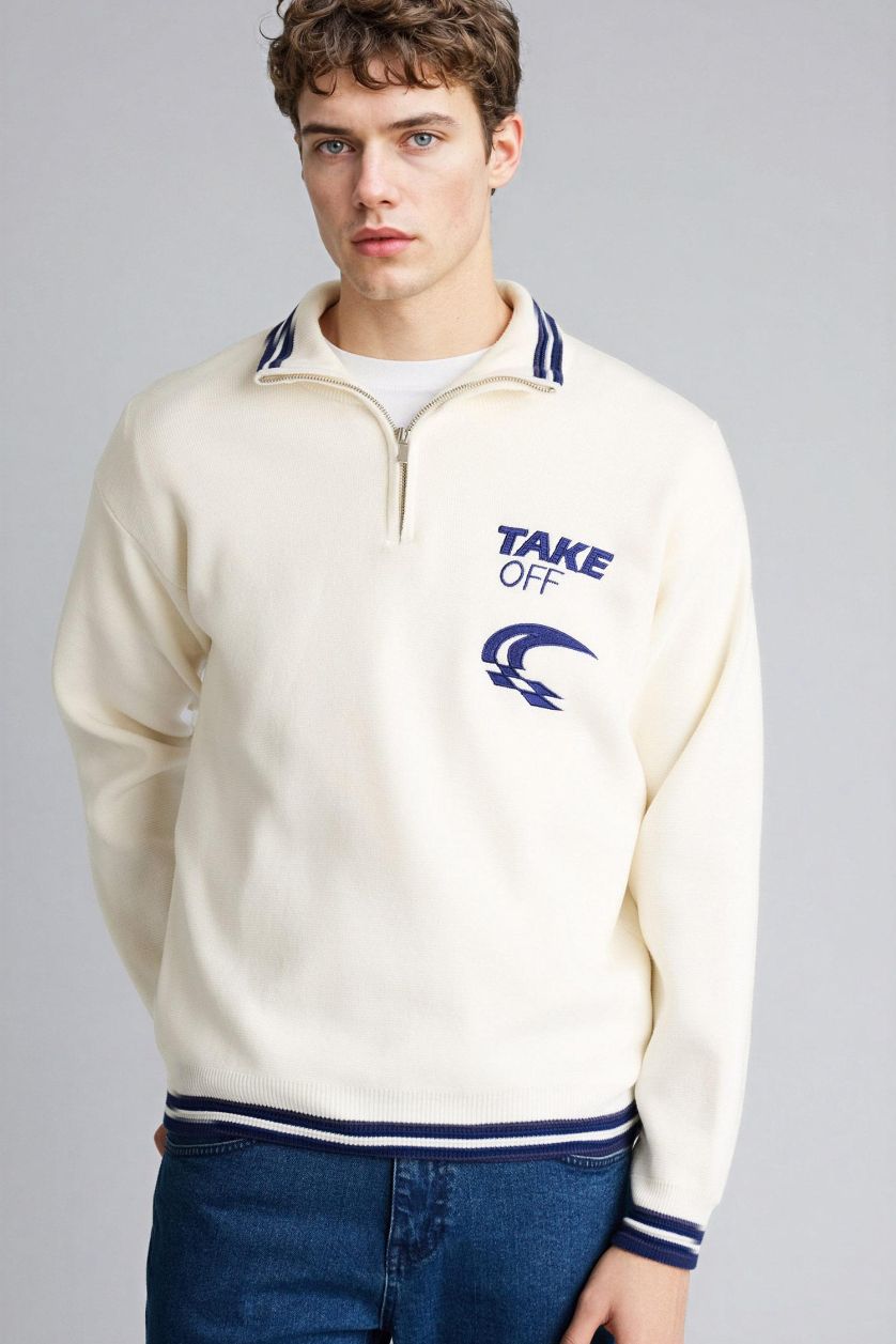 Erkek Ekru Standart Fıt Triko Kazak