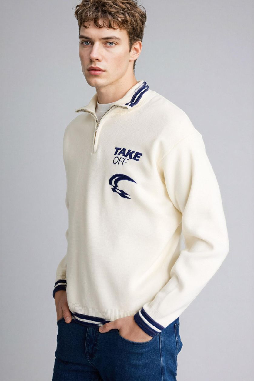 Erkek Ekru Standart Fıt Triko Kazak