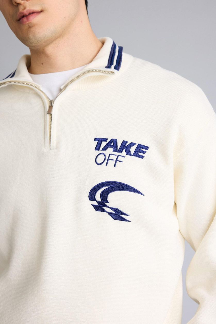 Erkek Ekru Standart Fıt Triko Kazak