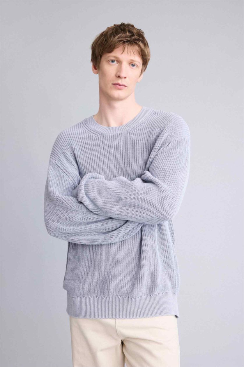 Erkek Menekşe %100 Pamuk Oversize Triko Kazak