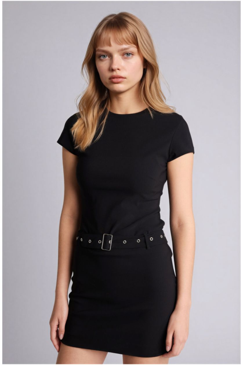 Женщины Черный Платье с коротким рукавом мини Платье bodycon с круглым вырезом бенгалин Coool