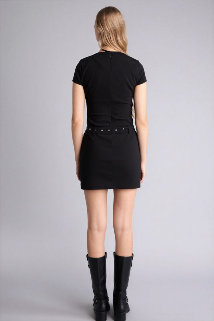 Женщины Черный Платье с коротким рукавом мини Платье bodycon с круглым вырезом бенгалин Coool