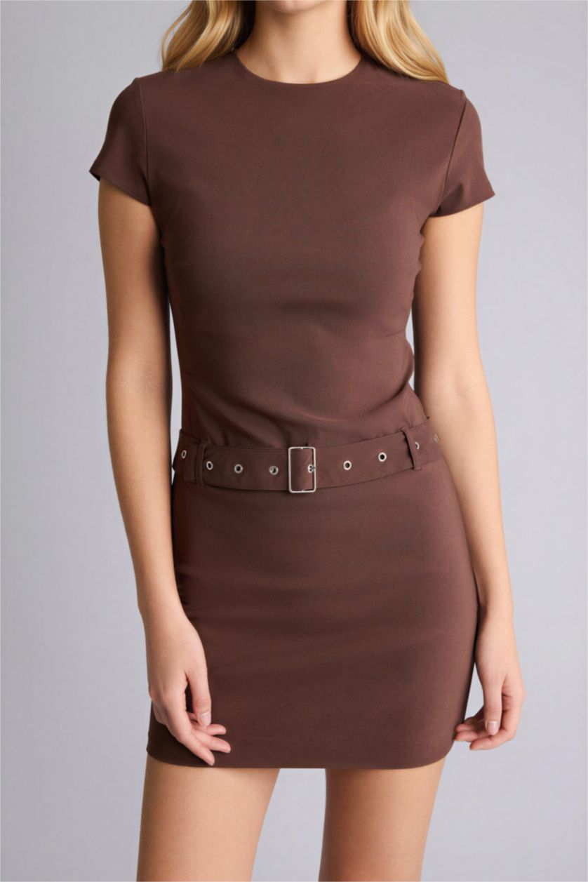 Женщины Коричневый Платье с коротким рукавом мини Платье bodycon с круглым вырезом бенгалин Coool