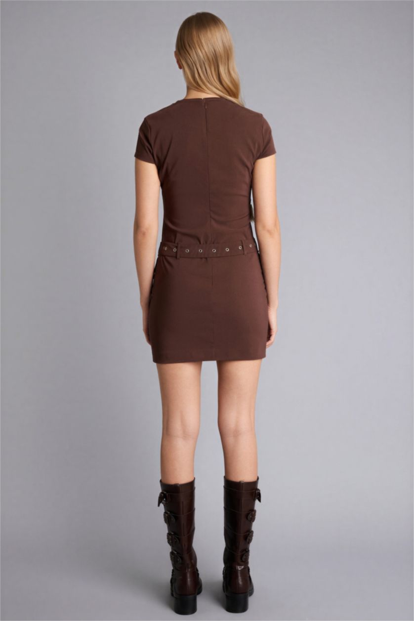 Женщины Коричневый Платье с коротким рукавом мини Платье bodycon с круглым вырезом бенгалин Coool