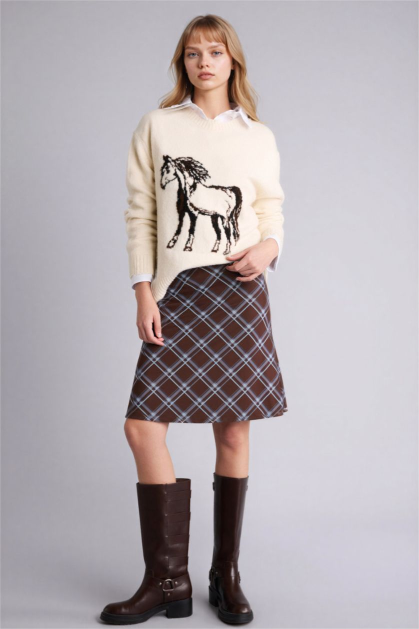 Әйелдерге Қоңыр Coool чек a сызығы тоқылған астар орташа ұзындық Трикотаж юбка