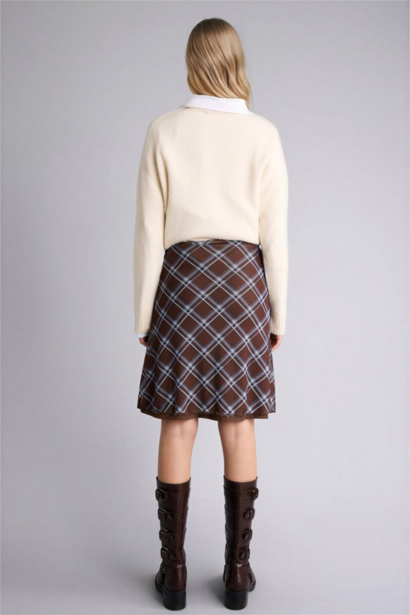 Әйелдерге Қоңыр Coool чек a сызығы тоқылған астар орташа ұзындық Трикотаж юбка