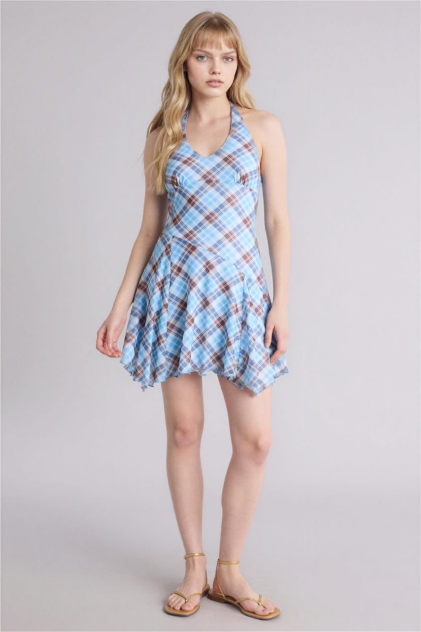 Женщины Светло-синий Платье с коротким рукавом мини с горловиной халтер в клетку Ажурная Coool