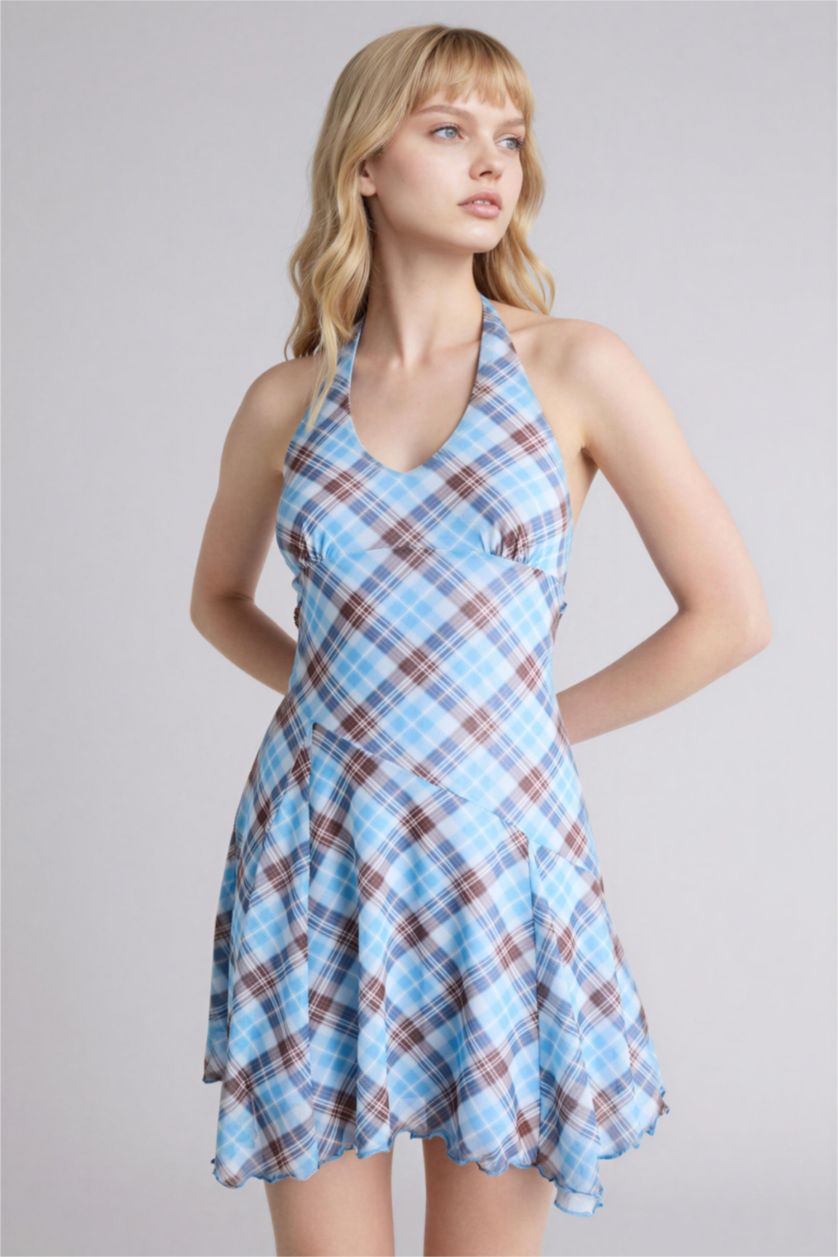 Женщины Светло-синий Платье с коротким рукавом мини с горловиной халтер в клетку Ажурная Coool