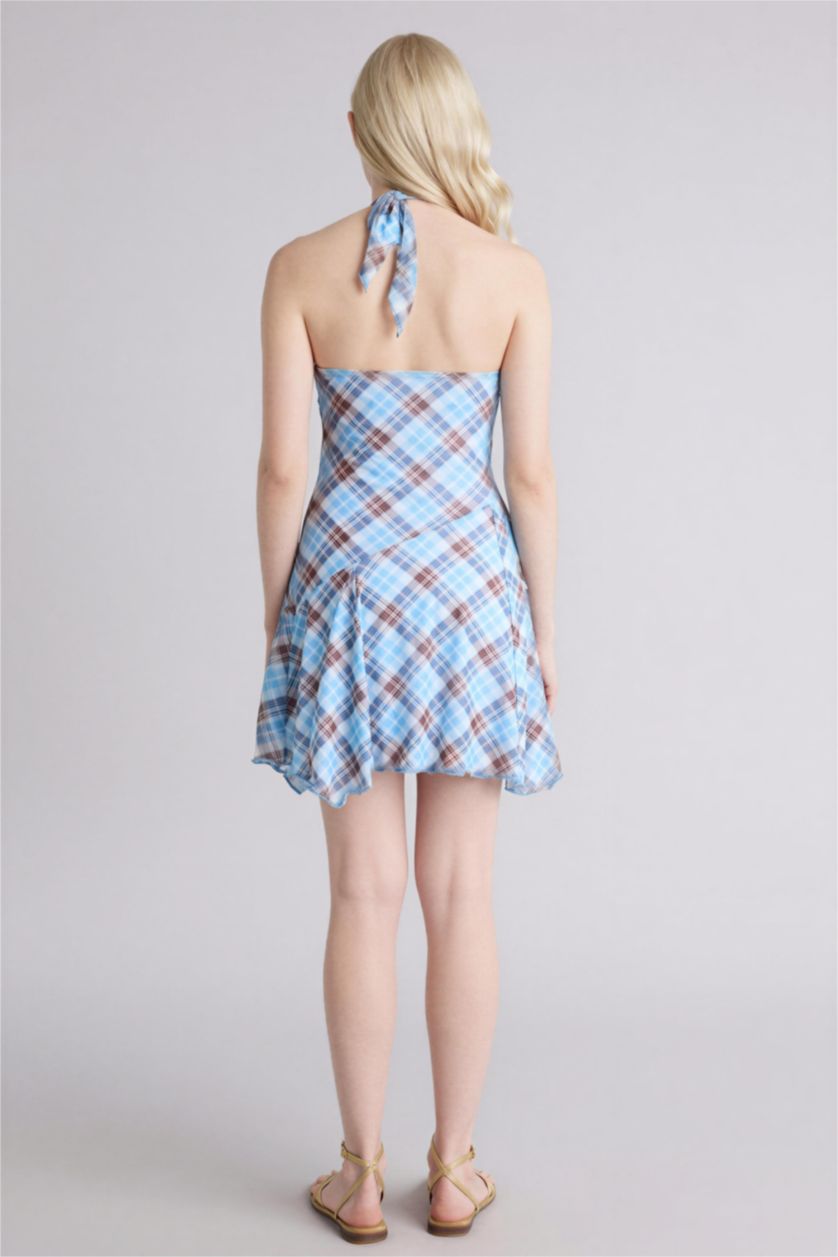 Женщины Светло-синий Платье с коротким рукавом мини с горловиной халтер в клетку Ажурная Coool