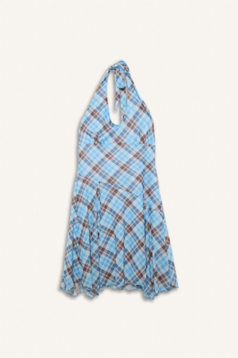 Женщины Светло-синий Платье с коротким рукавом мини с горловиной халтер в клетку Ажурная Coool