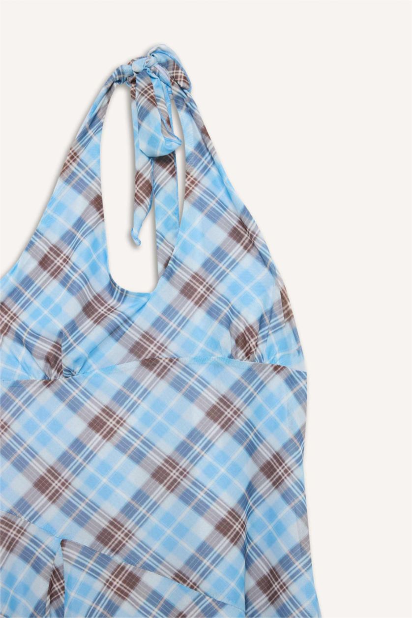 Женщины Светло-синий Платье с коротким рукавом мини с горловиной халтер в клетку Ажурная Coool