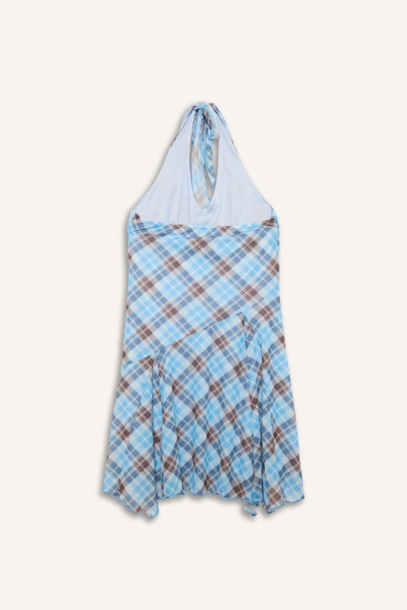 Женщины Светло-синий Платье с коротким рукавом мини с горловиной халтер в клетку Ажурная Coool