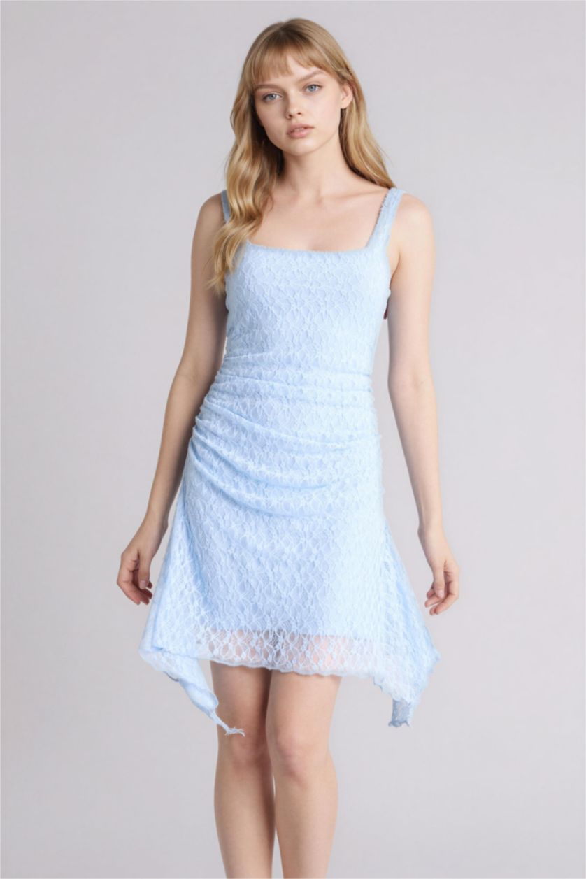نساء أزرق فاتح فستان نص كم قصير بالدانتيل بحمالات