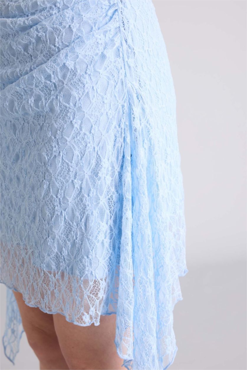 نساء أزرق فاتح فستان نص كم قصير بالدانتيل بحمالات