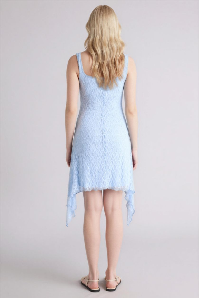 نساء أزرق فاتح فستان نص كم قصير بالدانتيل بحمالات