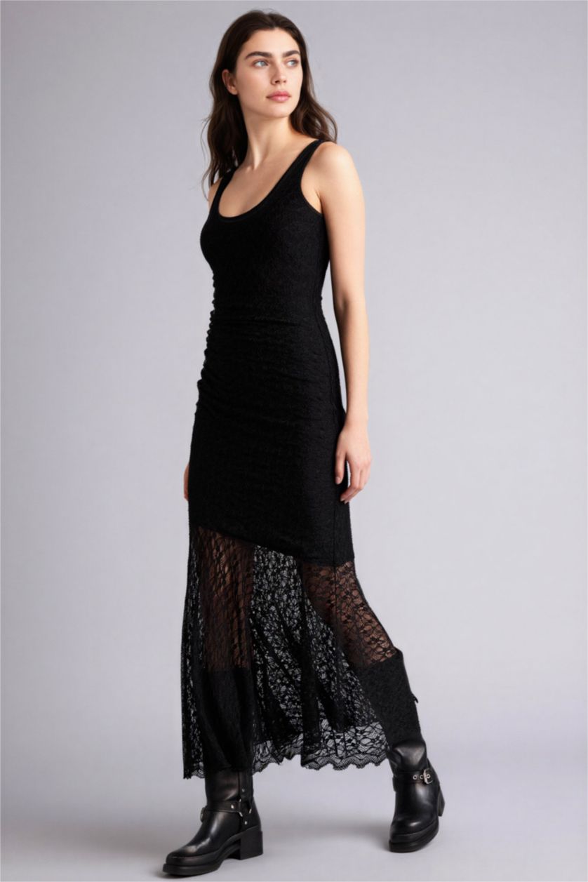 Женщины Черный Платье с коротким рукавом миди на бретельках с кружевом