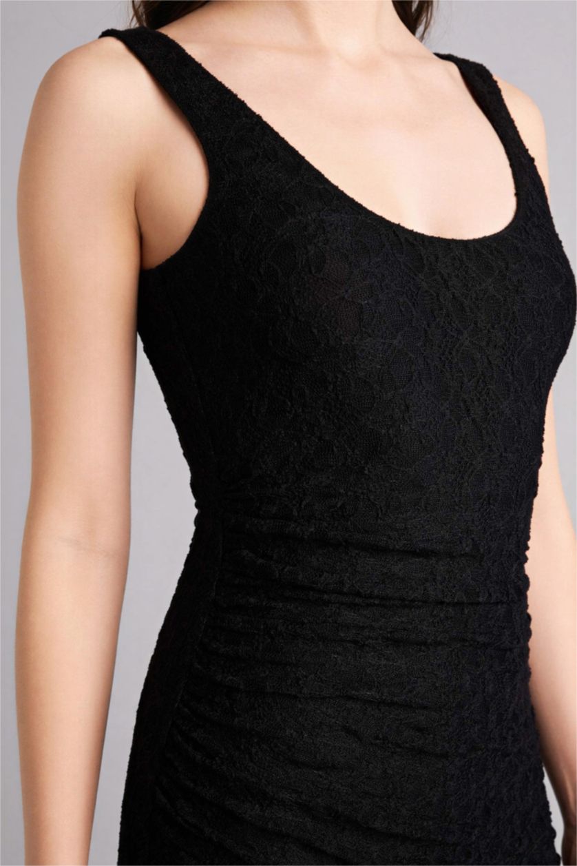 Женщины Черный Платье с коротким рукавом миди на бретельках с кружевом