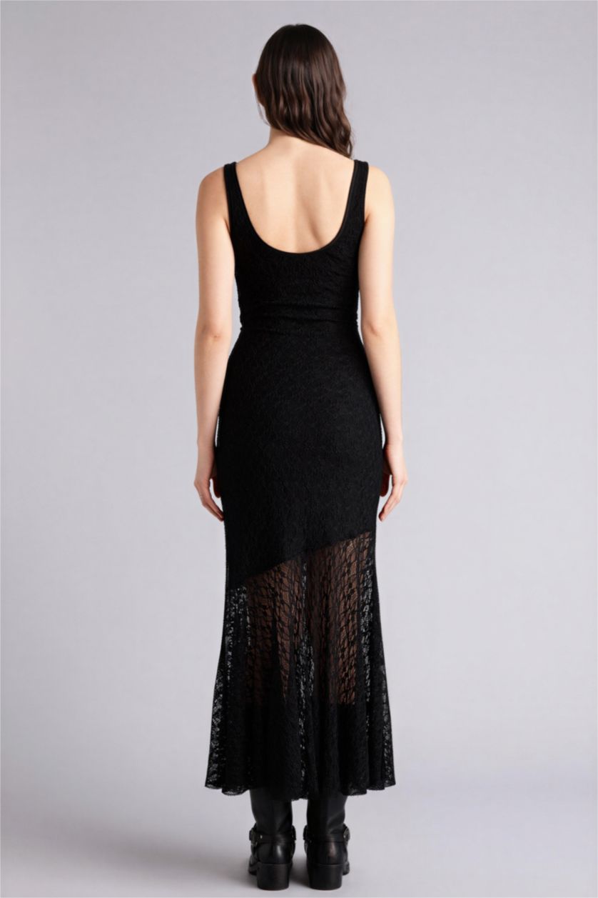 Женщины Черный Платье с коротким рукавом миди на бретельках с кружевом