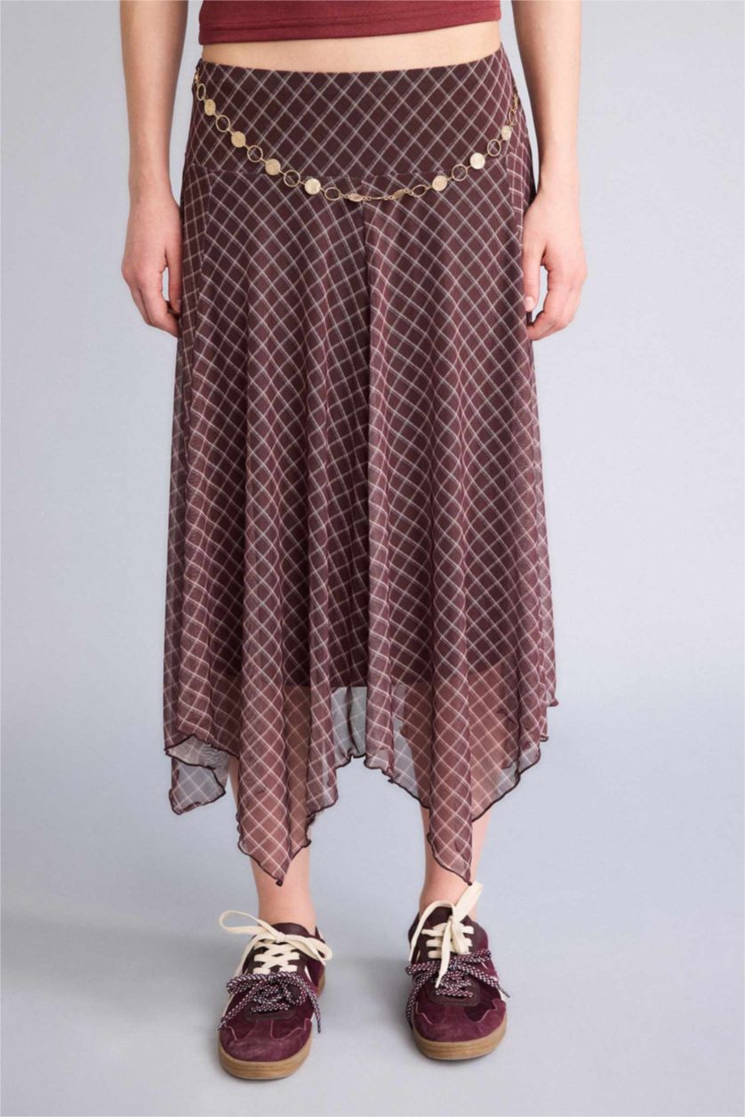 Женщины Коричневый Юбка из трикотажа со средней талией в клетку Ажурная для женщин