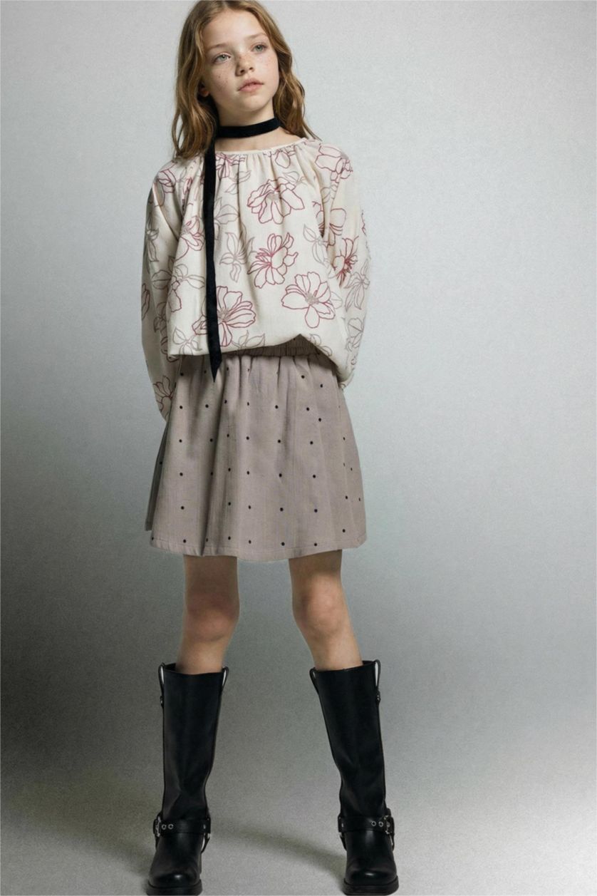 Kız Çocuk - Genç Kız Gülkurusu Çiçek Desenli Oxford Uzun Kollu Bluz Kız Çocuk