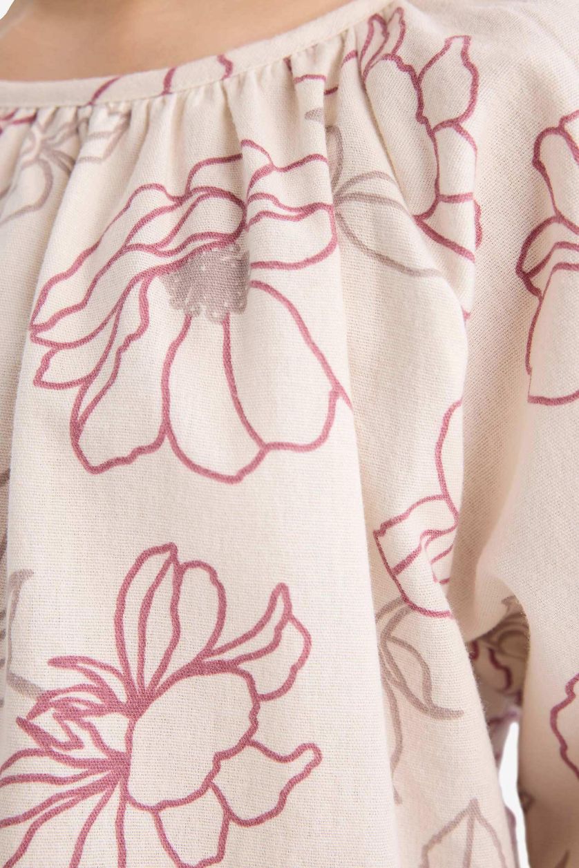 Kız Çocuk - Genç Kız Gülkurusu Çiçek Desenli Oxford Uzun Kollu Bluz Kız Çocuk