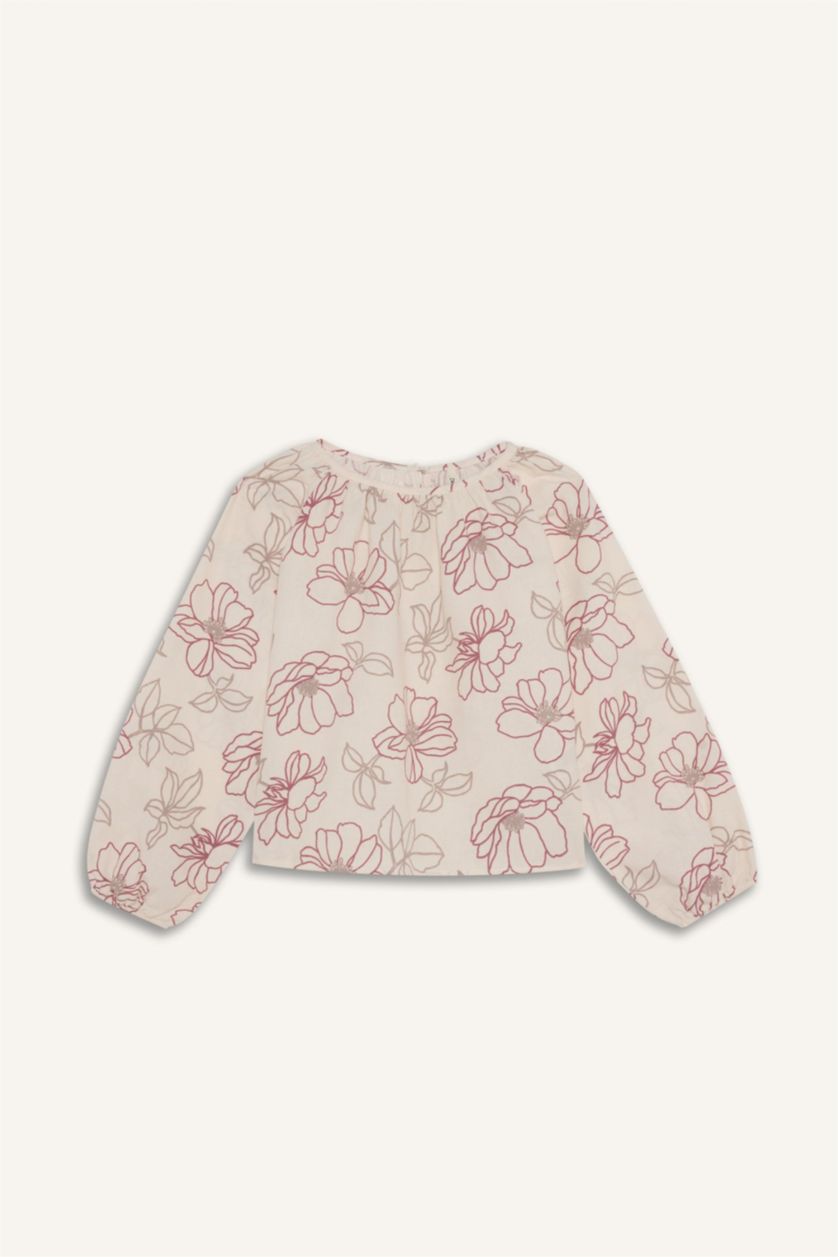 Kız Çocuk - Genç Kız Gülkurusu Çiçek Desenli Oxford Uzun Kollu Bluz Kız Çocuk