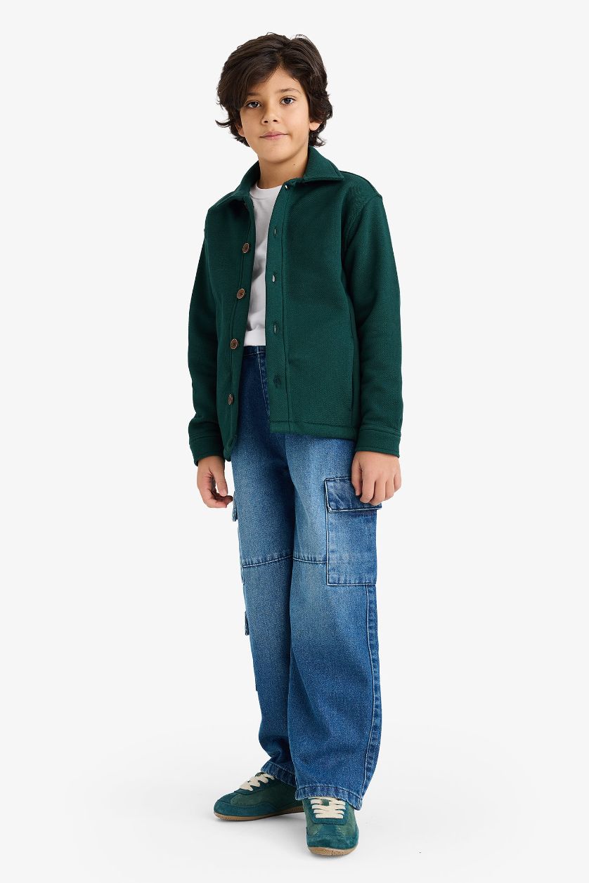 Boys & Teens Green Boy Shirt Collar Cardigan