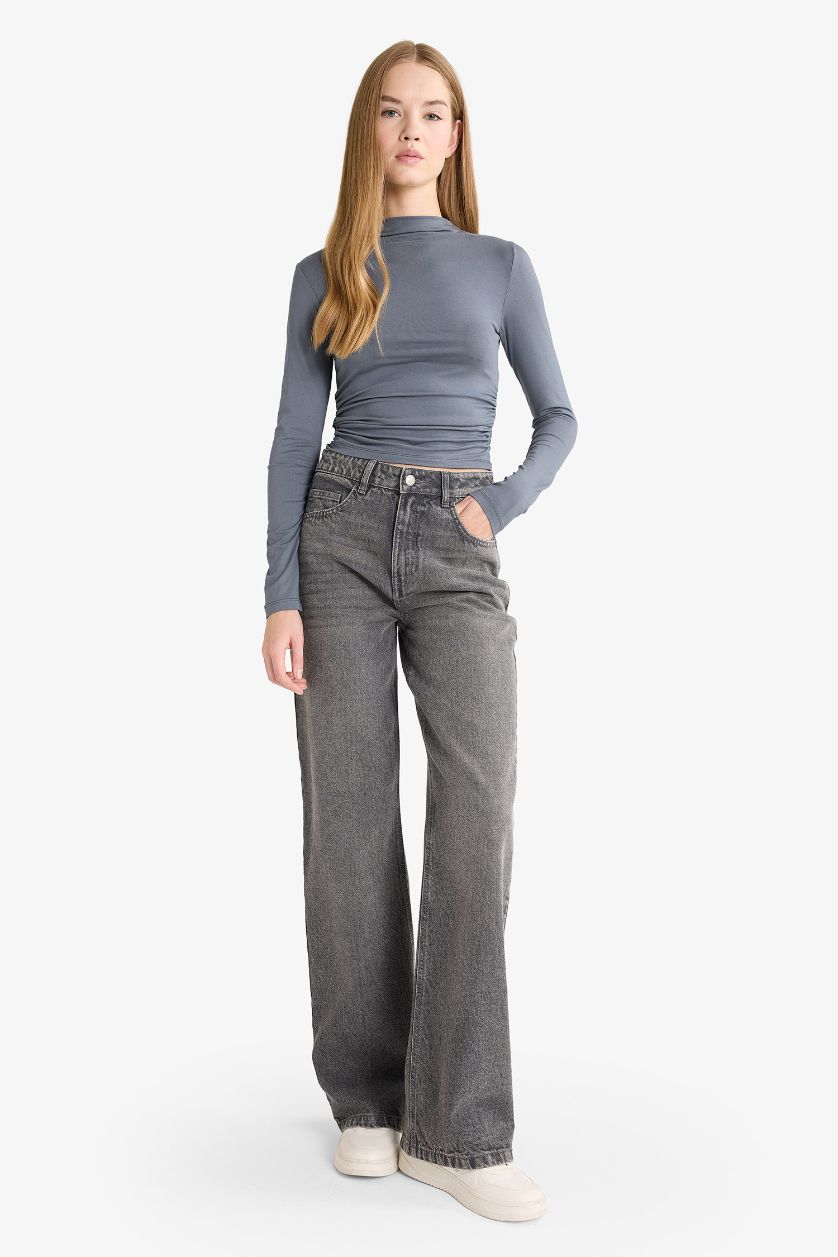 Женщины Антрацит Блузка Fitted с воротником-стойкой и длинным рукавом