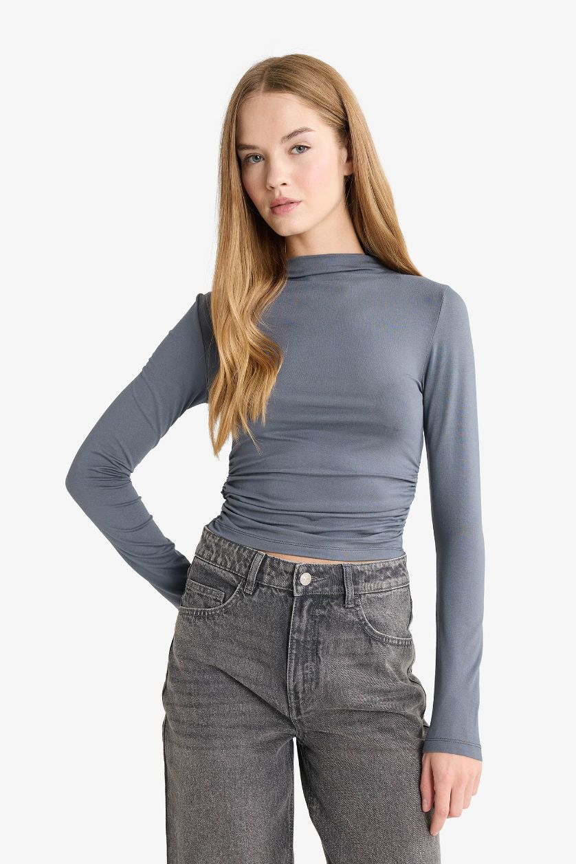 Женщины Антрацит Блузка Fitted с воротником-стойкой и длинным рукавом