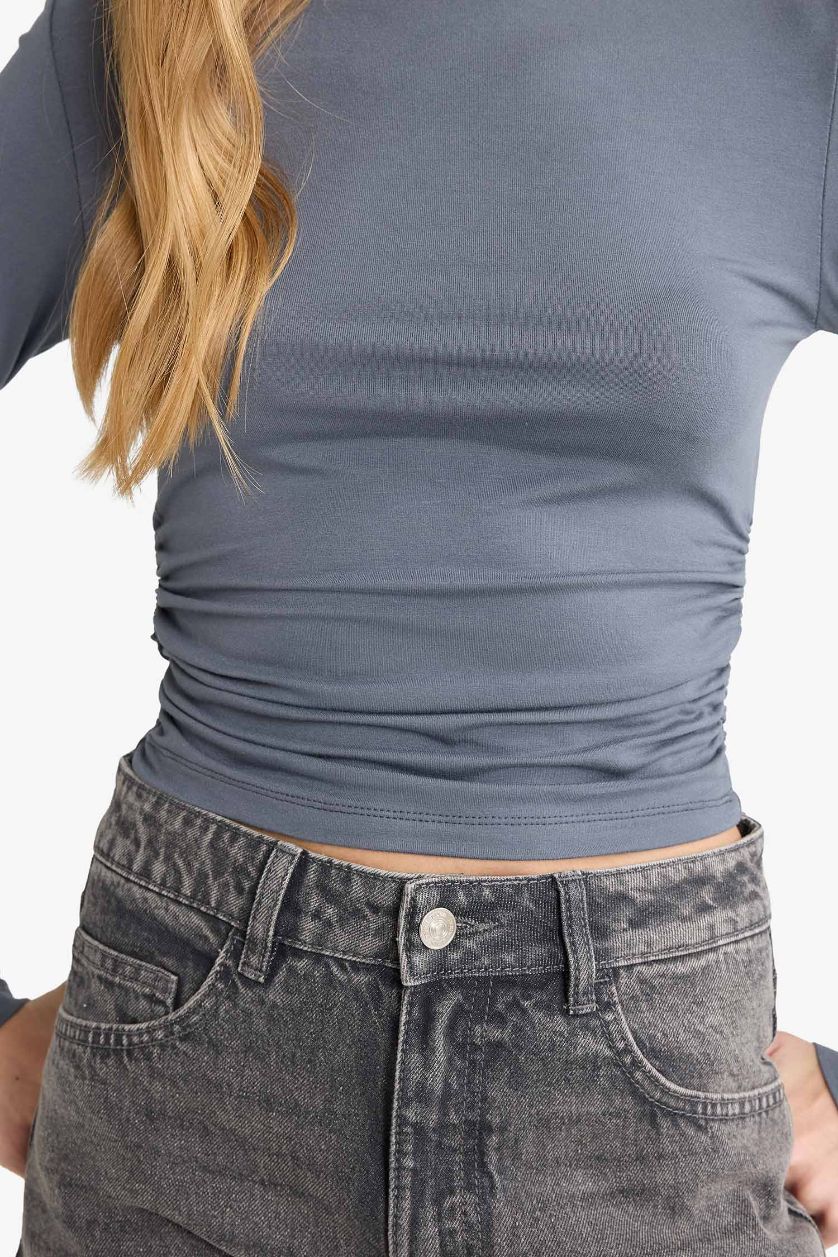 Женщины Антрацит Блузка Fitted с воротником-стойкой и длинным рукавом