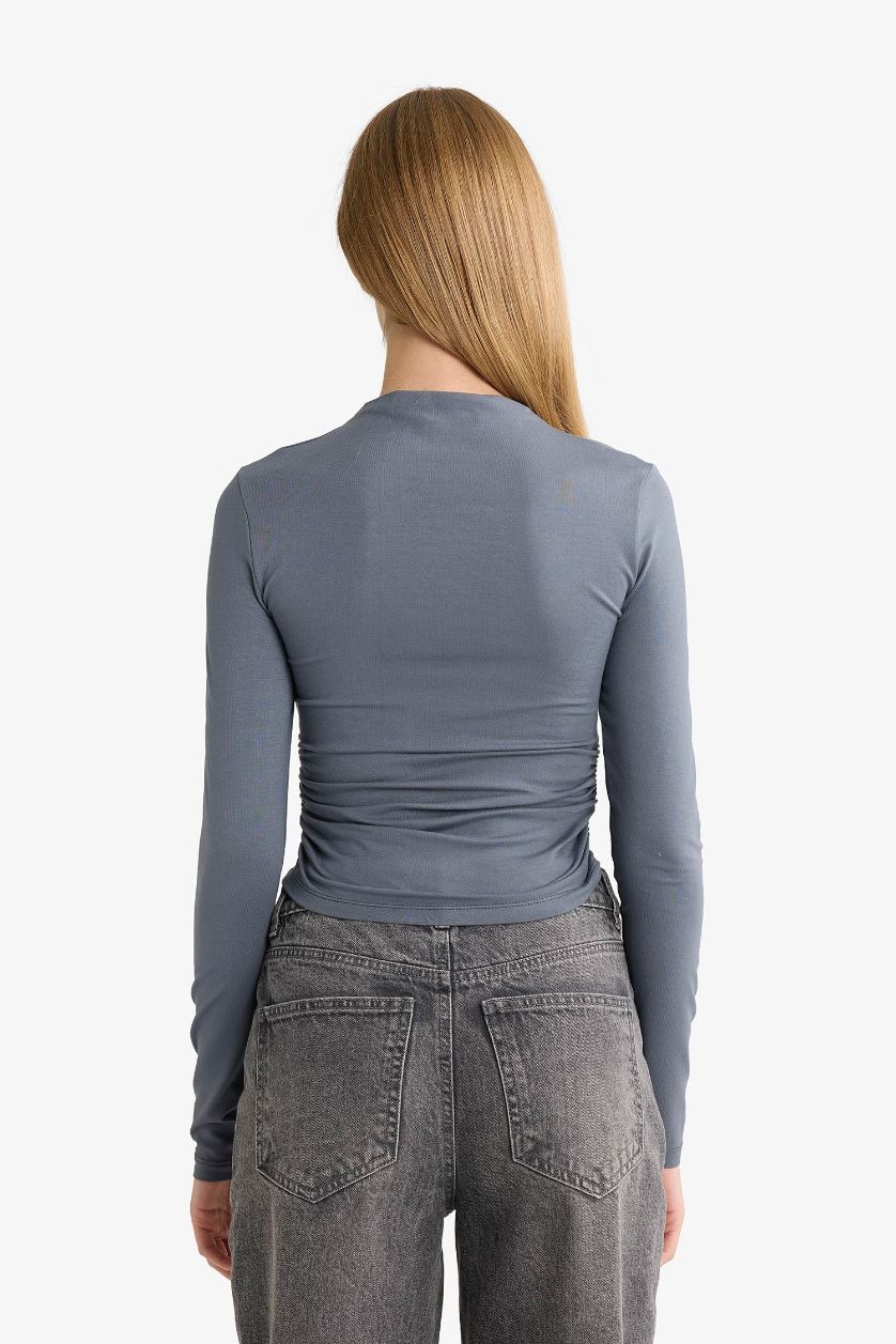 Женщины Антрацит Блузка Fitted с воротником-стойкой и длинным рукавом