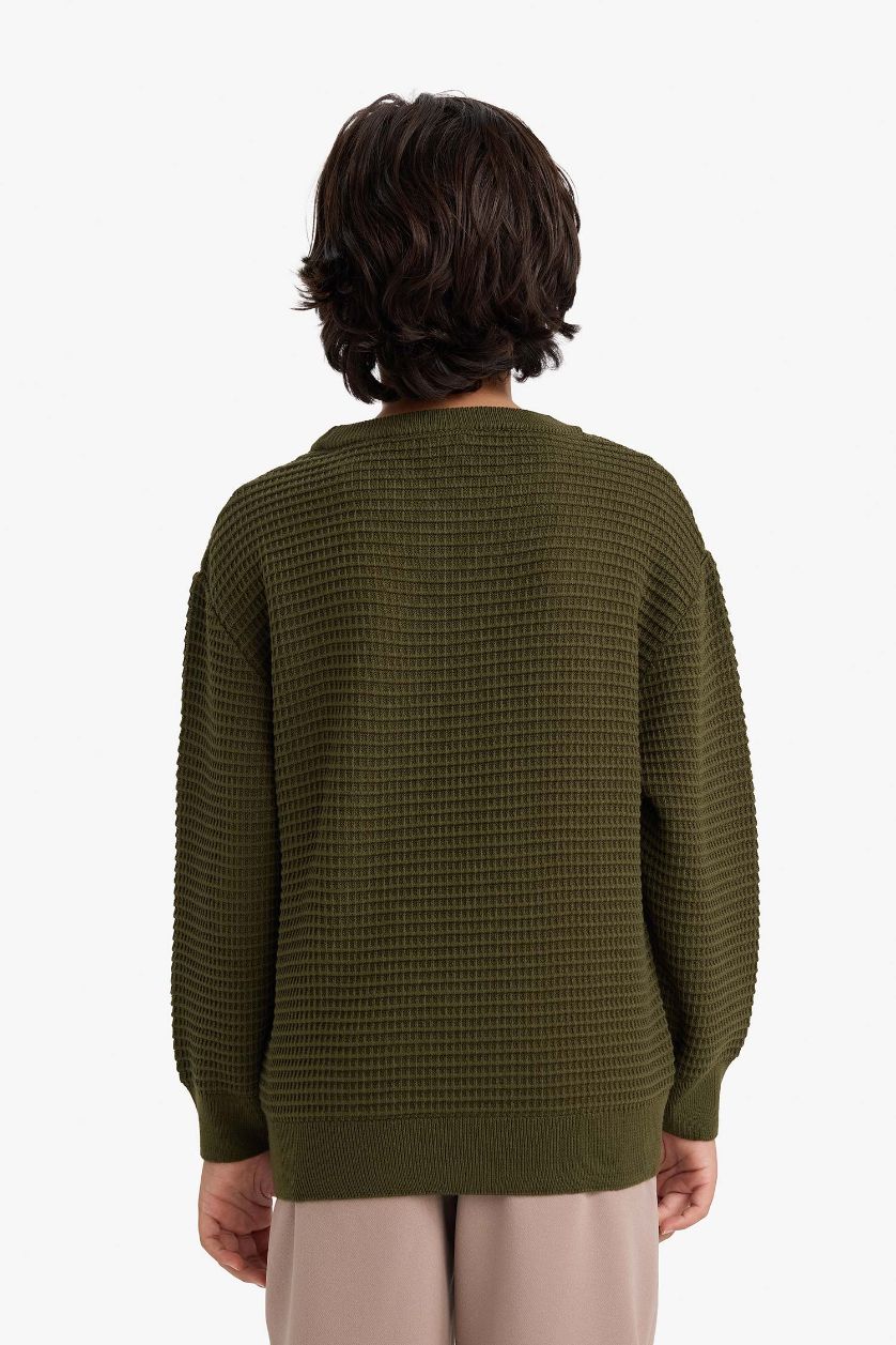 أولاد كاكي داكن بلوز صوف ولادي قصة عادية بياخة مستديرة