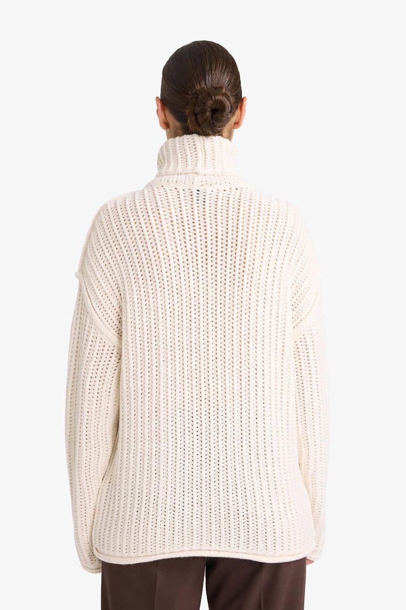 FEMME Écru Pull en maille Oversize à col roulé