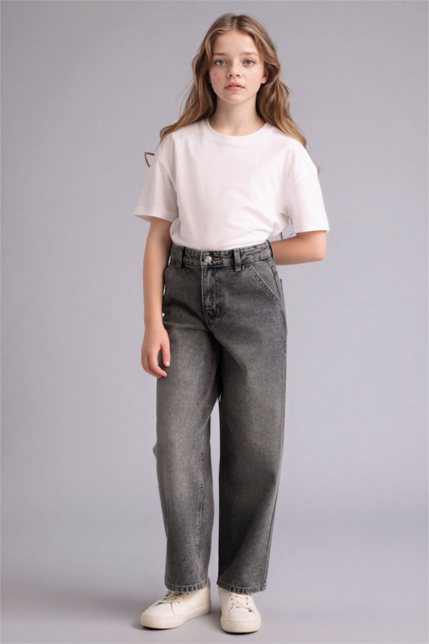 Kız Çocuk - Genç Kız Gri Baggy Fıt Geniş Paça Jean Pantolon Kız Çocuk