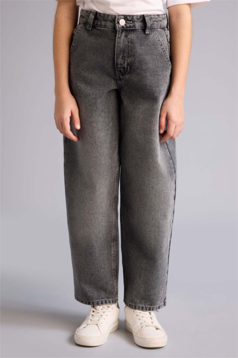 Kız Çocuk - Genç Kız Gri Baggy Fıt Geniş Paça Jean Pantolon Kız Çocuk