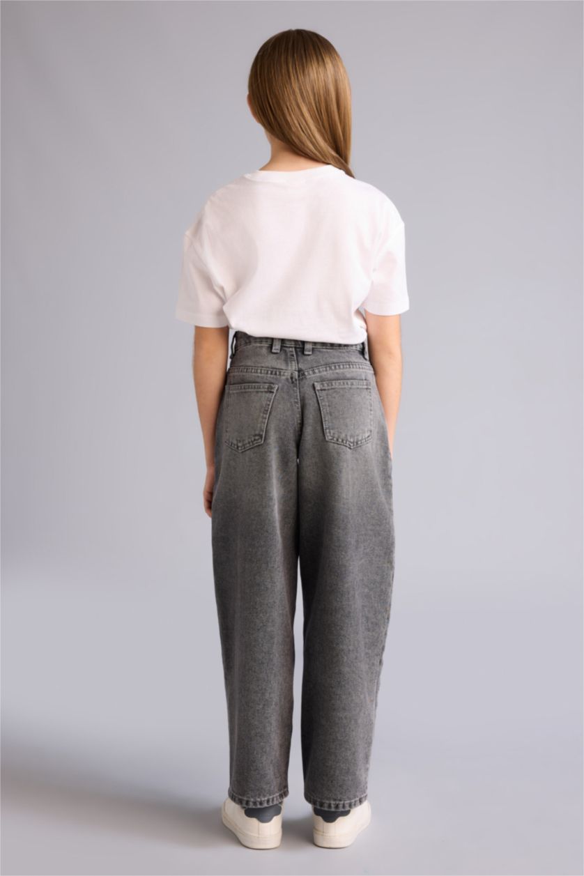 Kız Çocuk - Genç Kız Gri Baggy Fıt Geniş Paça Jean Pantolon Kız Çocuk