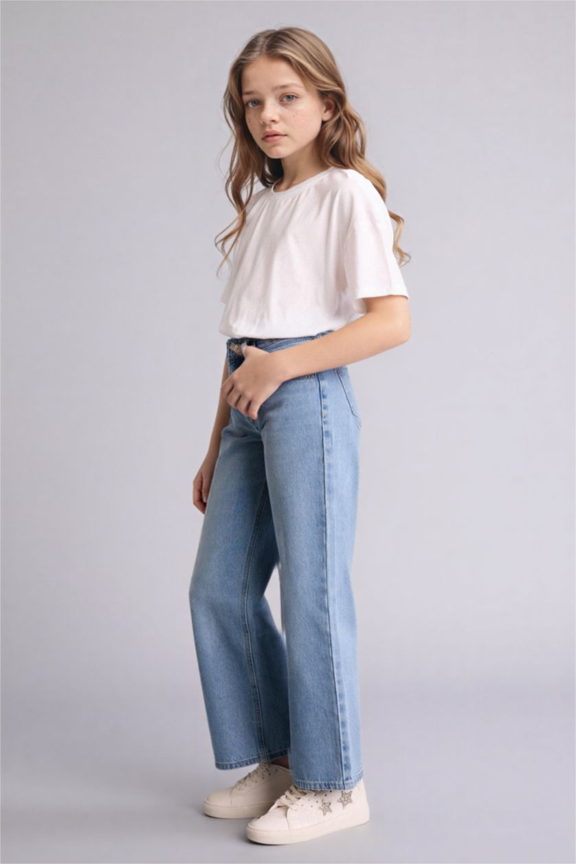 بنات أزرق فاتح بنطرون جينز بناتي وايد ليج قصة مستقيمة واسعة