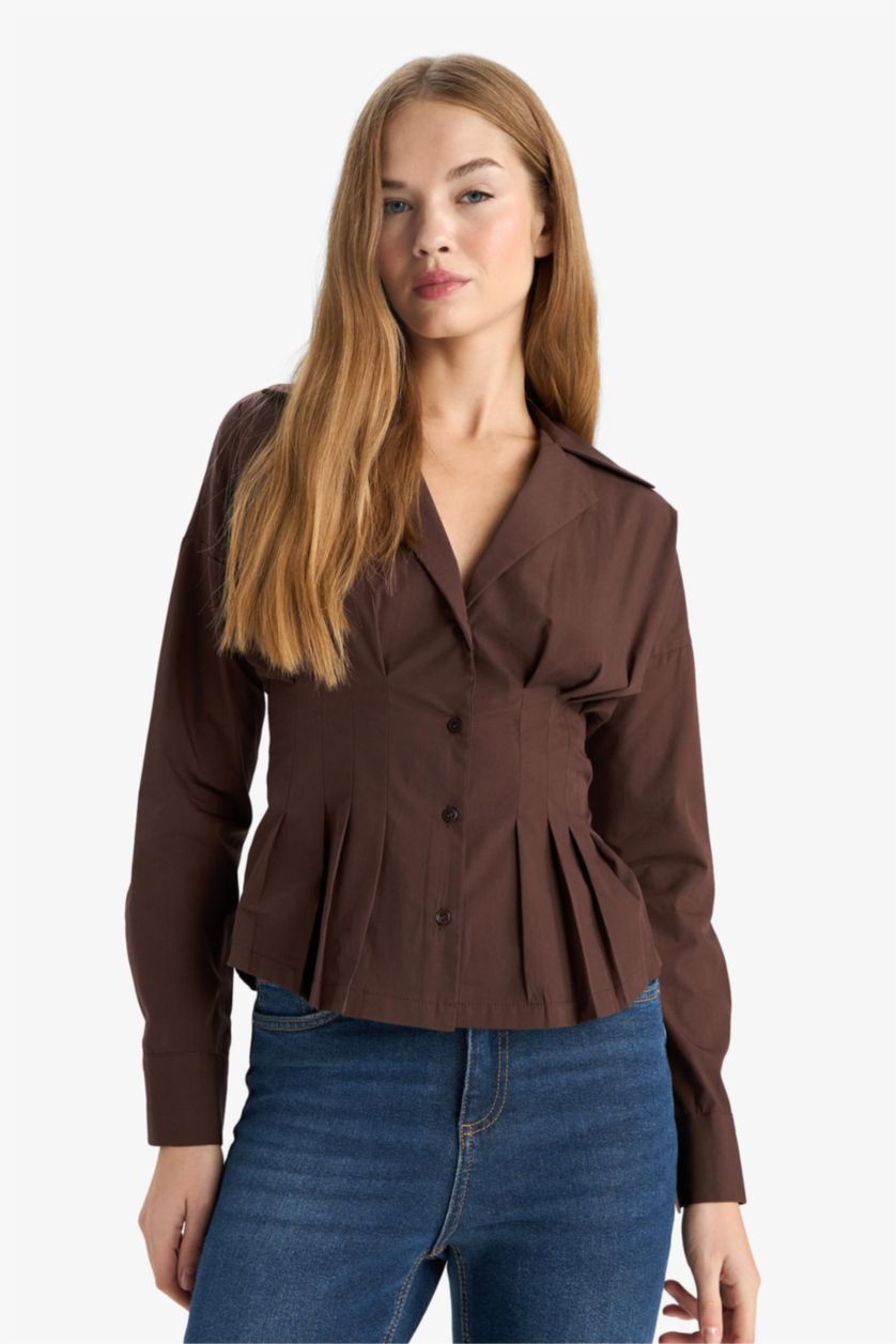 Kadın Kahve %100 Pamuk Fıtted Poplin Gömlek