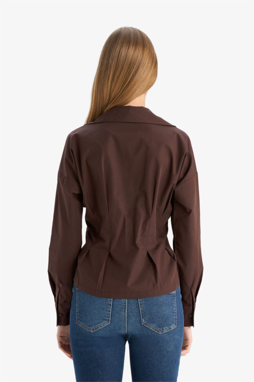 Kadın Kahve %100 Pamuk Fıtted Poplin Gömlek