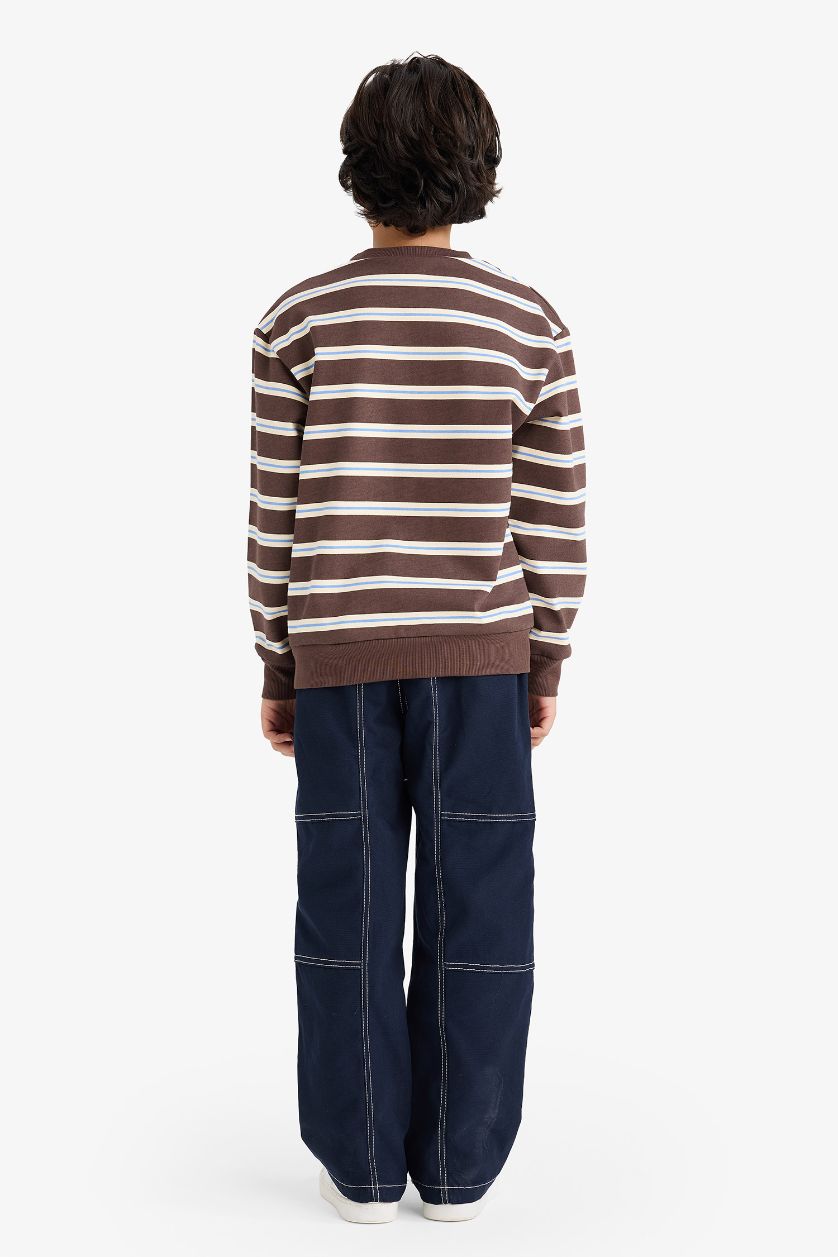 Erkek Çocuk - Genç Erkek Kahve 2'li Takım Çizgili Sweatshirt Jean Pantolon Erkek Çocuk