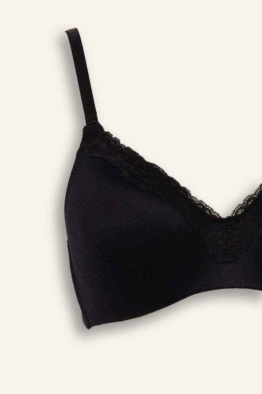 WOMAN Black Lace Detailed Satin Padded Non Wired T-Shirt Bra