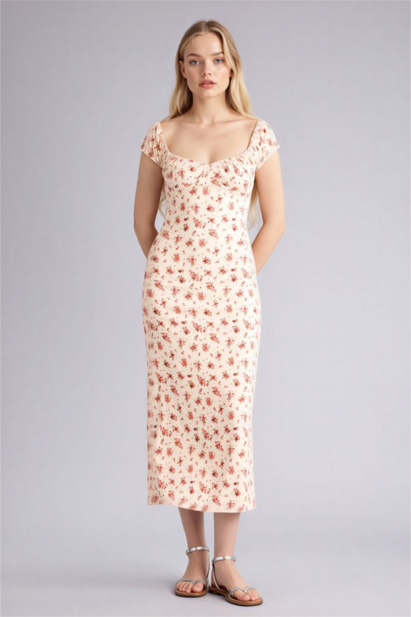 Женщины Кремовый Облегающее платье макси из ткани букле на бретельках с цветочным узором