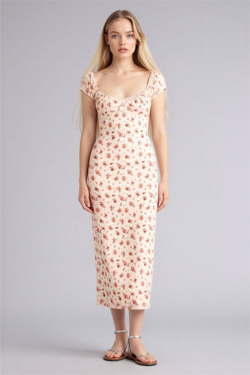 Женщины Кремовый Облегающее платье макси из ткани букле на бретельках с цветочным узором