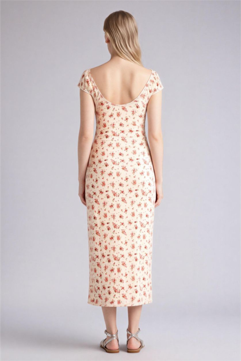 Женщины Кремовый Облегающее платье макси из ткани букле на бретельках с цветочным узором