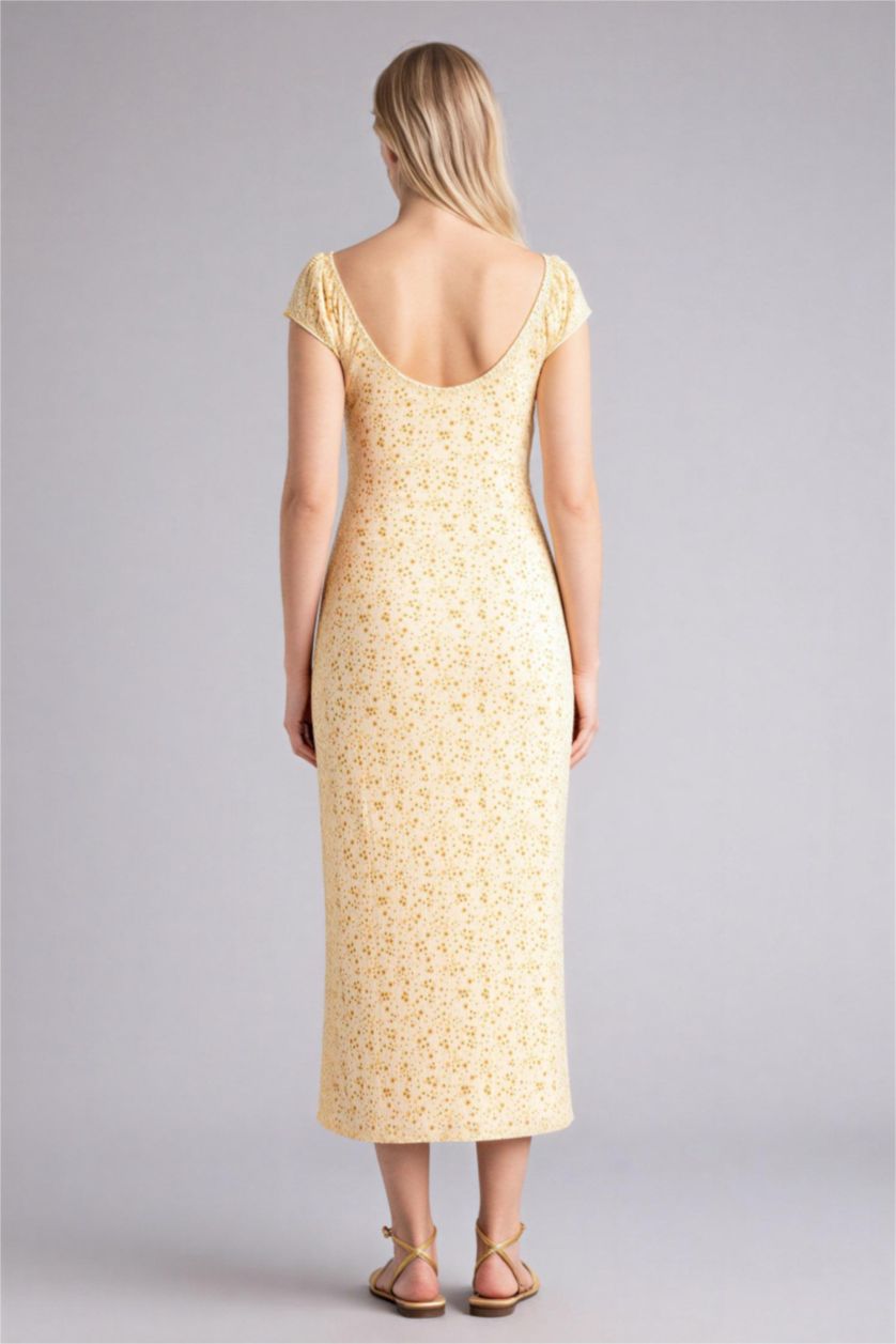 نساء أصفر فاتح فستان نص كم طويل فلورال القماش المنسوج بوديكون بحمالات