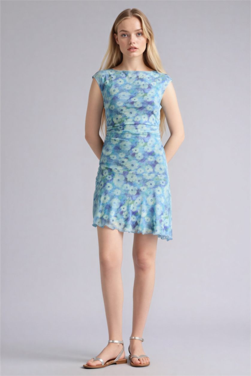 Женщины Голубрй Платье с коротким рукавом мини с круглым вырезом с цветочным принтом Ажурная