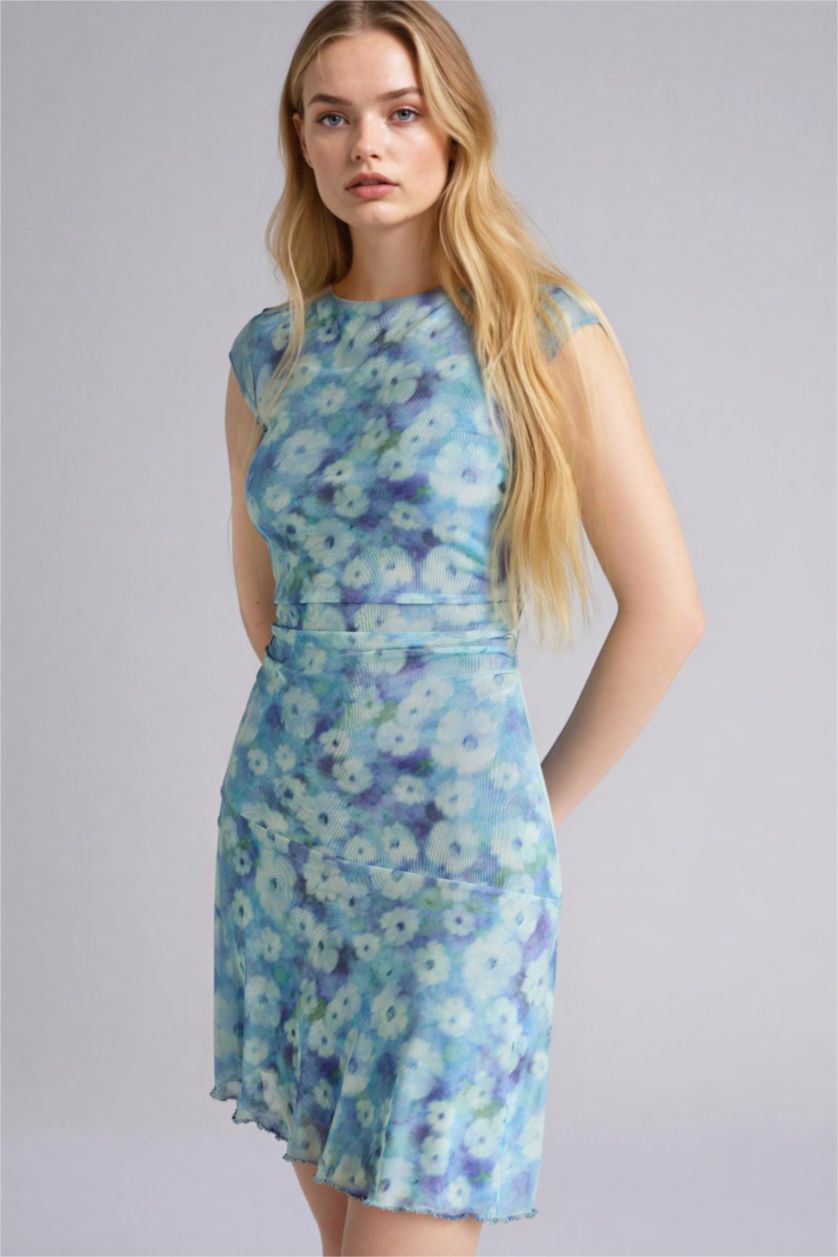 Женщины Голубрй Платье с коротким рукавом мини с круглым вырезом с цветочным принтом Ажурная