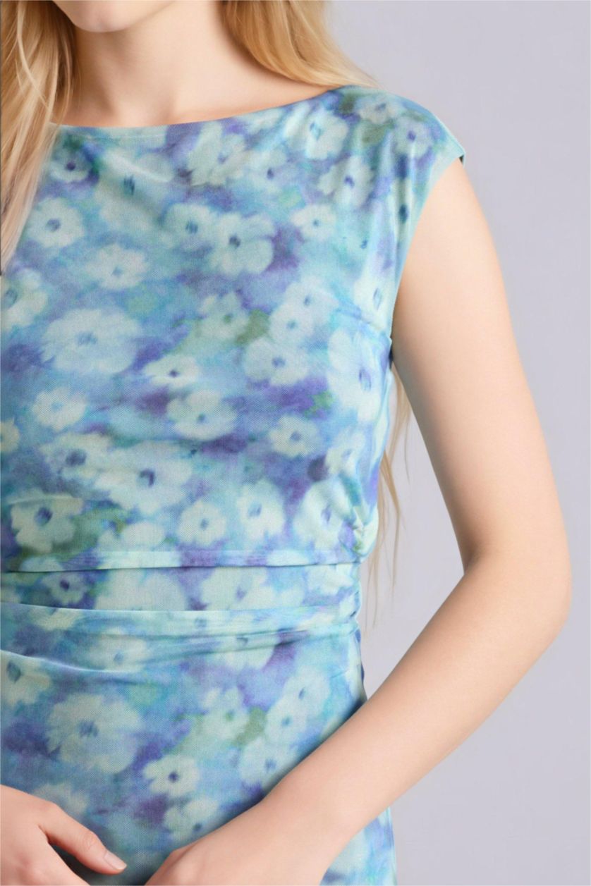 Женщины Голубрй Платье с коротким рукавом мини с круглым вырезом с цветочным принтом Ажурная