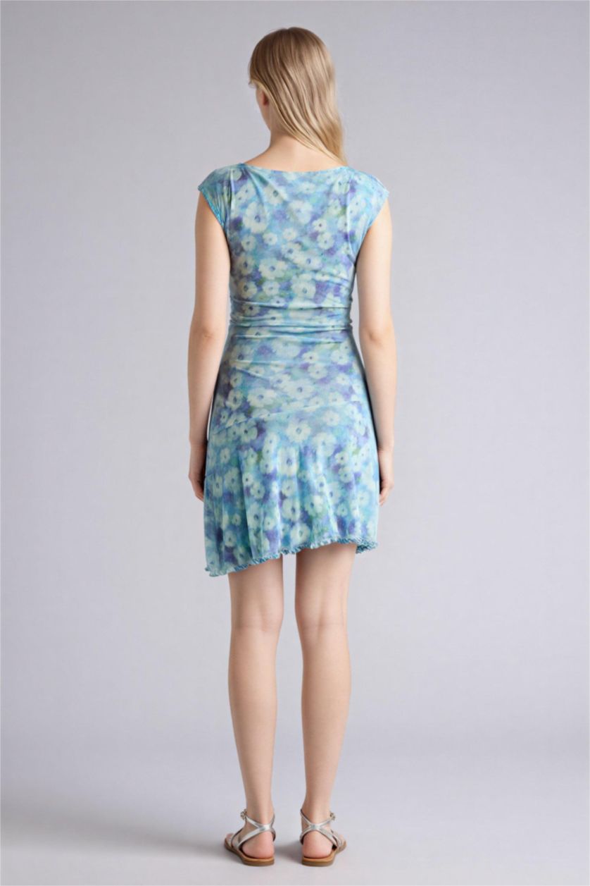 Женщины Голубрй Платье с коротким рукавом мини с круглым вырезом с цветочным принтом Ажурная